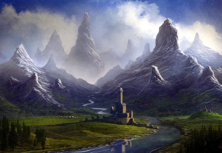 White mountains - pretty, magic, amazing, mystic, landscape, colorful, river, fantasy, white, view, castles, 3d, color, mountains, castle