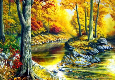 Autumn gold - calm, creek, stream, forest, shore, lake, golden, nice, falling, trees, beautiful, pond, gold, lovely, fall, river, birch, autumn, painting, serenity, foliage