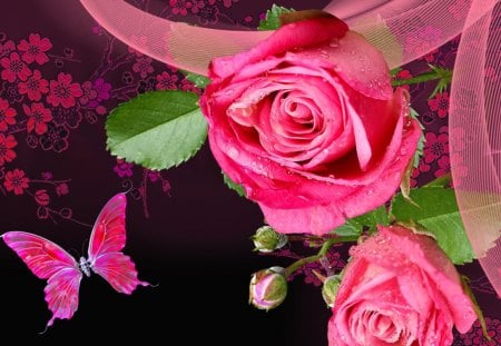 Veil of Pink Roses - veil, silk, roses, dramatic, summer, dew, butterfly, fleur, dark, sakura, romantic, pink, flowers, papillon