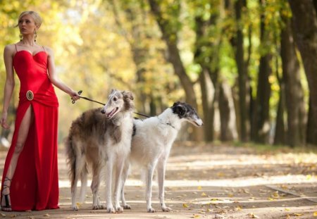 ♥walking with glamour♥ - dress, women, dogs, red