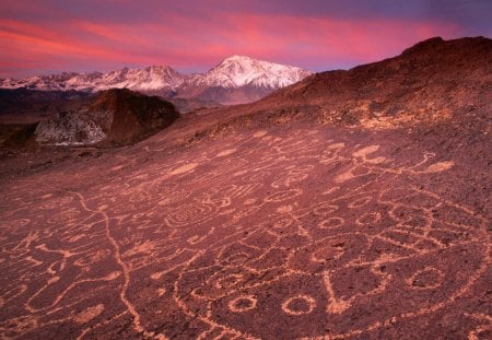 amazing petroglyphs in owens valley in cal. - mountains, valley, sunrise, petroglyphs