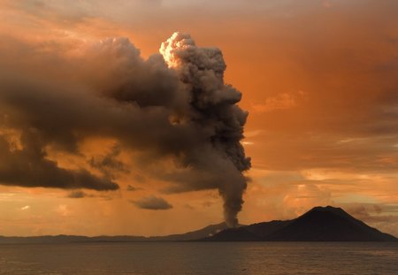 eruption of a coastal volacano - eruption, smoke, wallpaper, volcanoes, coast, volcano, nature, forces of nature, sea, new