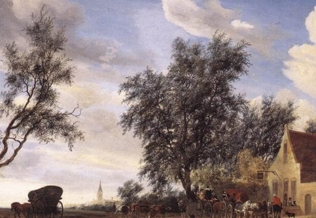 Salomon van Ruysdael - Stop at an Inn - dutch, landscape, seventeenth century, painting