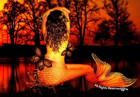 She Waits For him  & only Him <3 - mermaids, butterflies, girl, waters, sunsets, love