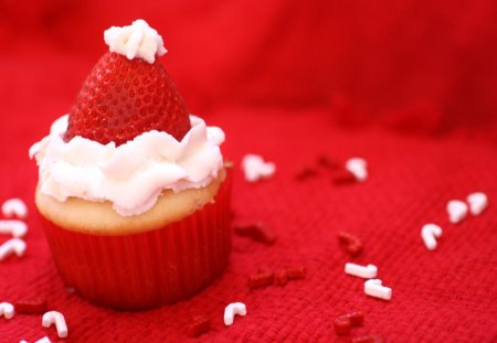 ๑♥๑ White Cupcake with Santa Hat ๑♥๑ - cream, cupcake, delicious, forever, santa hat, strawbwrry, love, sweet, christmas, white, red