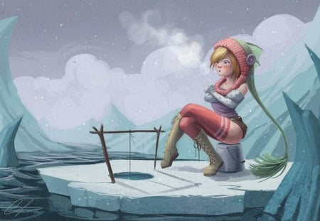 Ice Fishing - ice, girl, cold, winter, illustration