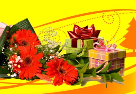 Christmas gifts - nice, new year, delicate, gerberas, bouquet, surprise, box, pretty, holiday, ribbon, gifts, tender, lovely, christmas, red, beautiful, flowers