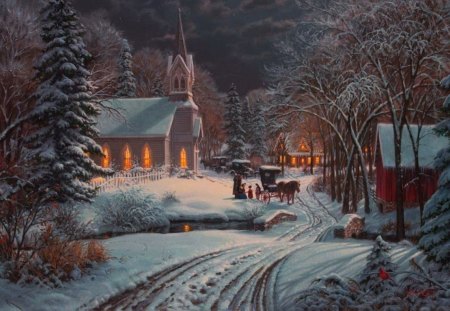 Heavenly light - new year, nice, peaceful, path, calm, horses, calmness, holiday, house, heavenly, light, winter, night, lovely, country, christmas, village, holy, snow, beautiful