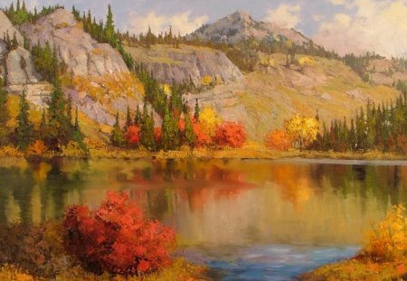 Painting - hill, lake, art, painting