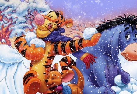 Eeyore and Tigger Too - movie, winter, snowballs, christmas, winnie the pooh, play, film, snow, disney, tigger, tv, snowing, mouse, tree