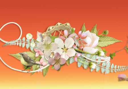 Life is Good - bird, fleurs, flowers, leaves, yellow, petals, swag, gold, orange, basket