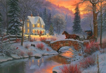 Christmas - new year, sky, riverbank, peaceful, painting, river, holiday, house, snowy, bridge, rays, ride, mountain, light, snowflakes, shore, christmas, glow, holy, horse, fiery, snow