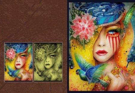 incridible face - girl, color, feather, art