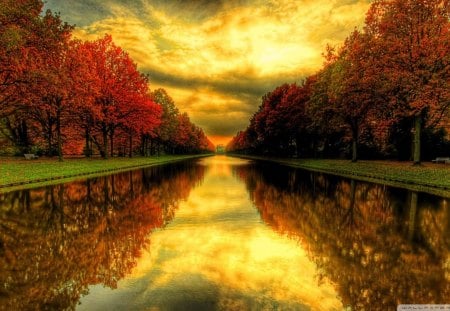 ღ.Beautiful Reflections.ღ - horizon, yellow, rivers, creative pre-made, sunsets, parks, leaves, most downloaded, sky, attraction in dreams, trees, water, beautiful, photography, gold, colors, autumn, cloud, lakes, love four seasons