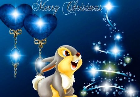 HAVE A MERRY CHRISTMAS - silver, rabbit, thumper, blue, tree, christmas, lights