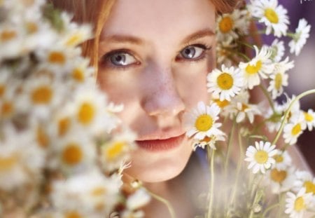 Hidden Beauty - flowers, daisies, girl, model