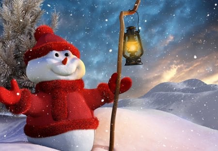 Winter - forest, cute, beautiful, snowman, abstract, christmas, lantern, light, tree, nature, mountain, new year, red, path, winter, pretty, snowflakes, sweet, sky, holiday, lamp, nice, lovely, smile, snow