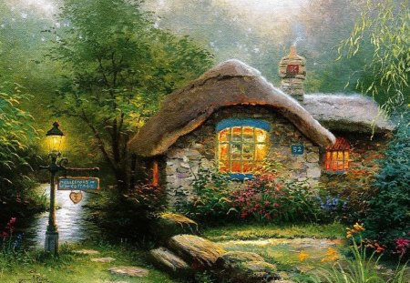 Serenity cove - cottage, cove, trees, peaceful, countryside, greenery, painting, lantern, calmness, green, house, grass, garden, branches, light, park, serenity, forest, flowers, cabin