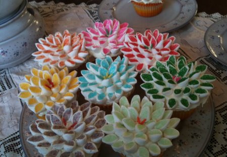 Flower cupcakes for Tom (Kendra1949) - cream, yellow, blue, food, pink, red, dessert, cupcakes, lotus, chocolate, tea, morning, orange, sweet, flower, white, green, good