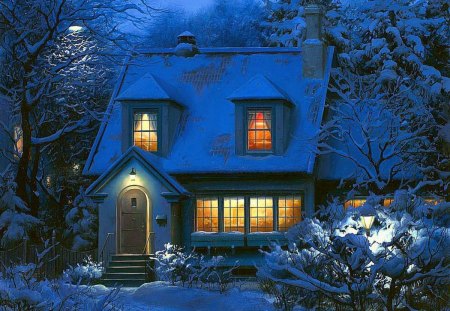 Winter dusk - new year, nice, cottage, trees, painting, evening, cold, holiday, house, dusk, winter, night, snowflakes, lovely, christmas, snow, blue, beautiful, door, twilight, cabin