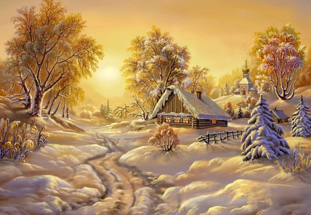 Winter morning - cabin, snow, sunrise, mountain, calmness, path, countryside, nice, cottage, sky, house, sunlight, trees, winter, beautiful, snowy, slope, morning, lovely, village, dazzling, sunset, rays, gloden, bright, painting, serenity, dusk, peaceful, shine