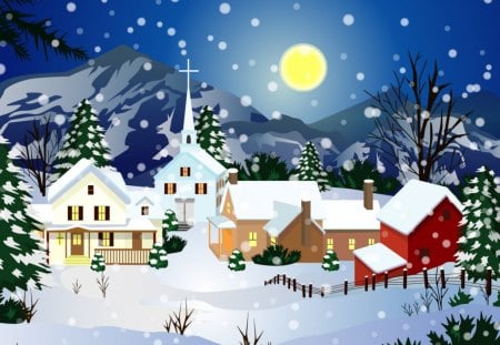 Winter - winter, houses, moon, church, nature, snow