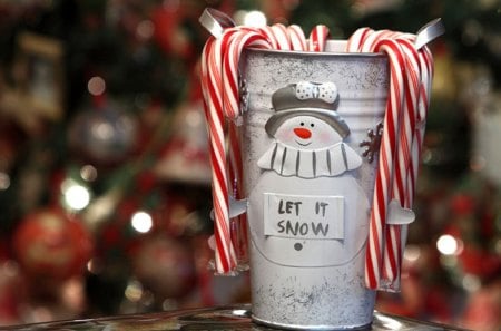 Let it Snow - snowman, let it snow, photography, holiday, candy cane, cane, cup, christmas