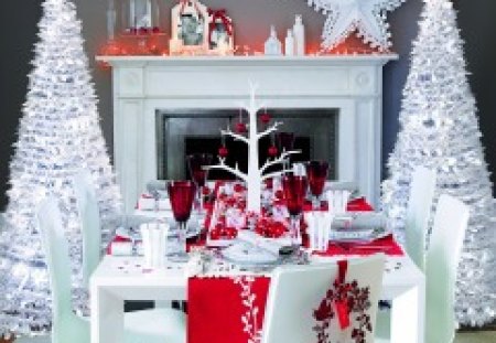 à¹‘â™¥à¹‘ Home for Christmas à¹‘â™¥à¹‘ - fire place, precious, design, stars, forever, christmas, faith, white, chairs, home sweet home, decorations, table, wonderful, fashion, red, pretty, christmas trees, love, ornaments, believe, lovely, hope, entertainment