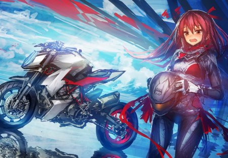 Anime - anime, helmet, motorcycle, red