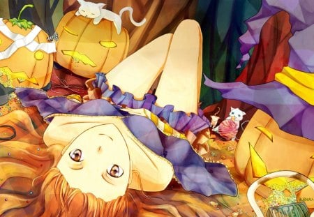 Cute Witch - witch, girl, orginal, pumpkin, cat