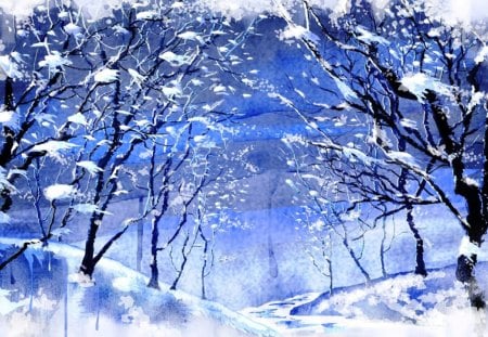 Winter Blizzard - trees, winter, blue, snow, blizzard