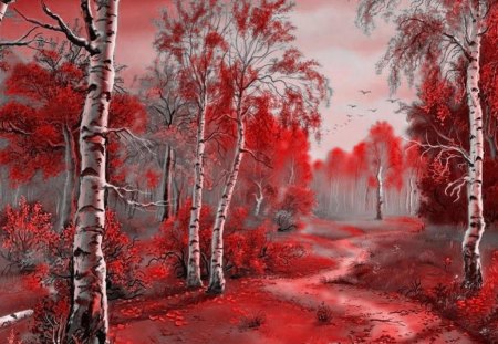 Red Forest - way, red, tree, fantasy, abstrakt