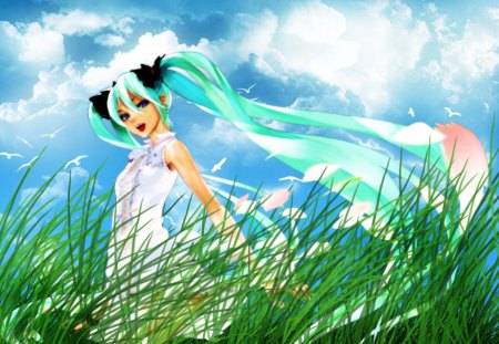 Vocaloid Hatsune Miku amid tall grass and sky - hatsune, vocaloid, amid, miku