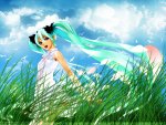 Vocaloid Hatsune Miku amid tall grass and sky