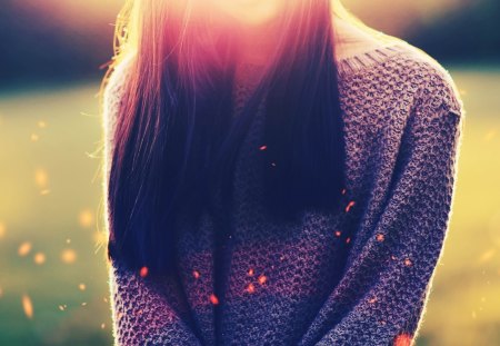 girl with a knitted sweater in a field - knitted, field, girl, sweater