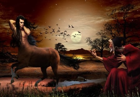 fantasy centaurs - centaurs, fantasy, sunrise, wizards