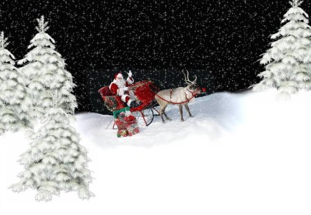 Snowy night for christmas - - christmas, santaclaus, snow, night, reindeer