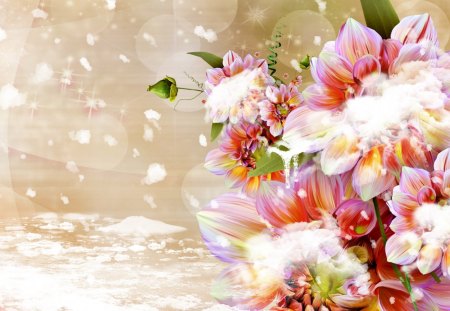 Snowing on Flowers - ice, autumn, dahlia, winter, fall, fleurs, cold, pink, snow, snowing, flowers, icicle