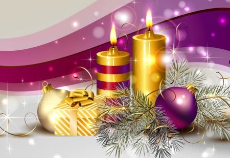 Christmas candles - pretty, gifts, blanches, pink, clipart, holiday, golden, candles, nice, decoration, ball, beautiful, balls, flame, lovely, christmas, colorful, silver, new year, bright