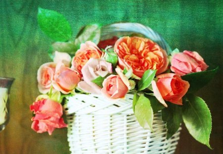 Flowers in white basket - flowers, basket, white, orange, pink