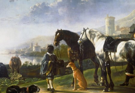 Aelbert Cuyp - Page with Two Horses - dutch, landscape, seventeenth century, painting