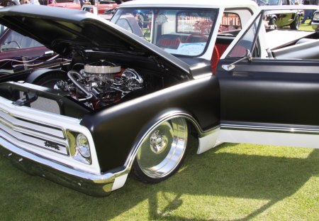 1957 Chevrolet truck - silver, chevrolet, engine, black, photography, truck