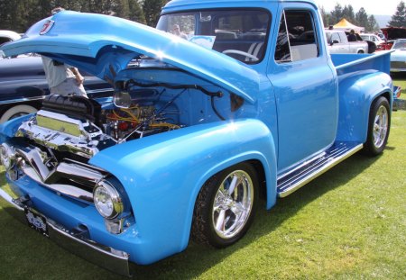 1962 Ford blue truck - headlights, ford, black, photography, truck, tires, blue