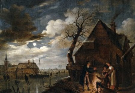 Aert van der Neer - Dutch Channel Landscape with Skaters and Fire - night, painting, landscape, dutch