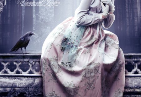 Abandoned Garden - garden, lady, fantasy, raven, sad