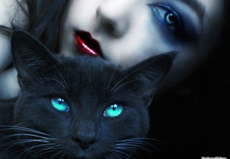 Girl with a Cat - girl, fantasy, blue, cat