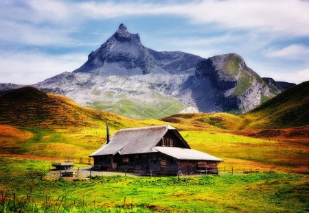 house in the mountains in autumn - leaves, house, mountains, autumn