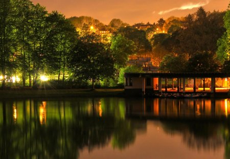 Park Sunset - sky, lake, houses, boats, trees, reflection, pavillion, sun