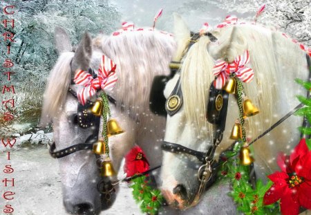 Christmas team - snowflakes, snow, team, bells, forest, santa claus, sledge, holiday, nice, trees, winter, beautiful, lovely, christmas, white, horses, new year, painting