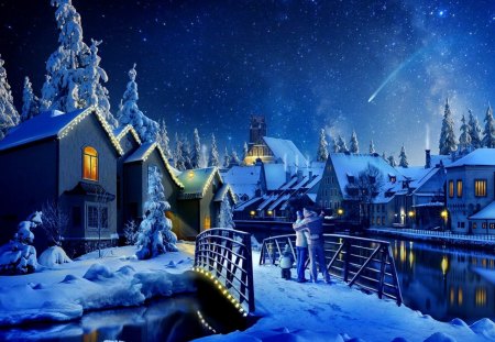 Winter night - new year, fun, nice, sky, trees, people, joy, peaceful, path, cold, clouds, bridge, houses, winter, night, lovely, serenity, christmas, nature, village, beautiful, lights